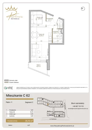 2 pokoje, mieszkanie 35,15 m², piętro 1, oferta nr C62,  Parkowa Rezydencja Ustroń, Ustroń, ul. Hutnicza 7