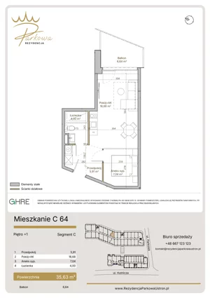 2 pokoje, mieszkanie 35,63 m², piętro 1, oferta nr 1.C64,  Parkowa Rezydencja Ustroń, Ustroń, ul. Hutnicza 7