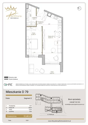 2 pokoje, mieszkanie 51,48 m², parter, oferta nr 1.D79,  Parkowa Rezydencja Ustroń, Ustroń, ul. Hutnicza 7