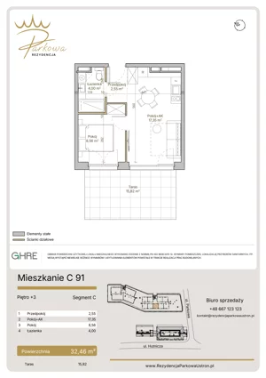 2 pokoje, mieszkanie 32,46 m², piętro 3, oferta nr 1.C91,  Parkowa Rezydencja Ustroń, Ustroń, ul. Hutnicza 7