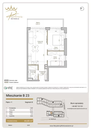 3 pokoje, mieszkanie 44,60 m², piętro 1, oferta nr B23,  Parkowa Rezydencja Ustroń, Ustroń, ul. Hutnicza 7