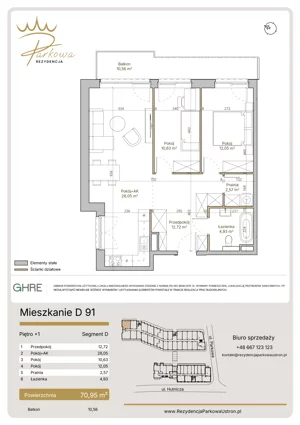 3 pokoje, mieszkanie 70,95 m², piętro 1, oferta nr 1.D91,  Parkowa Rezydencja Ustroń, Ustroń, ul. Hutnicza 7