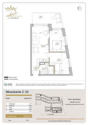 3 pokoje, mieszkanie 49,68 m², parter, oferta nr 1.C33,  Parkowa Rezydencja Ustroń, Ustroń, ul. Hutnicza 7