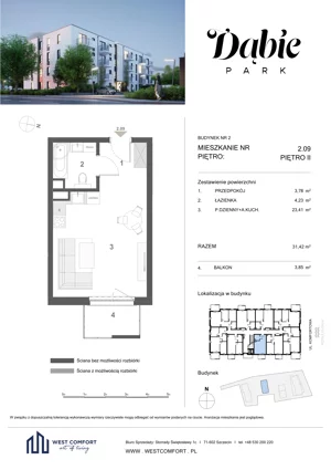 1 pokój, apartament 31,42 m², piętro 2, oferta nr 2.09, Dąbie Park etap III, Szczecin, Prawobrzeże, Dąbie, ul. Komfortowa 10