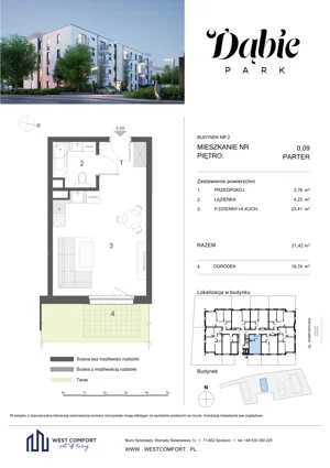 1 pokój, apartament 31,42 m², parter, oferta nr 0.09, Dąbie Park etap III, Szczecin, Prawobrzeże, Dąbie, ul. Komfortowa 10