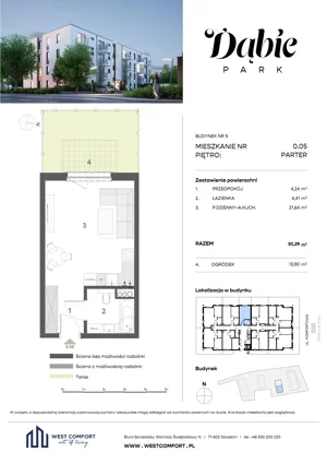 1 pokój, apartament 30,29 m², parter, oferta nr 0.05, Dąbie Park etap II, Szczecin, Prawobrzeże, Dąbie, ul. Komfortowa 10