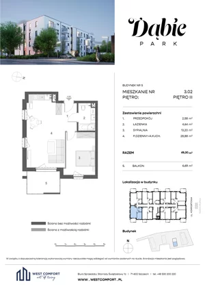 2 pokoje, apartament 49,30 m², piętro 3, oferta nr 3.02, Dąbie Park etap II, Szczecin, Prawobrzeże, Dąbie, ul. Komfortowa 10
