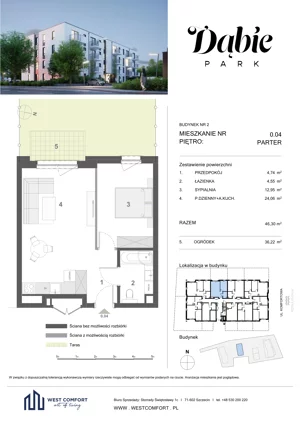 2 pokoje, apartament 46,30 m², parter, oferta nr 0.04, Dąbie Park etap III, Szczecin, Prawobrzeże, Dąbie, ul. Komfortowa 10