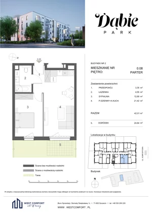 2 pokoje, apartament 42,01 m², piętro 1, oferta nr 1.08, Dąbie Park etap III, Szczecin, Prawobrzeże, Dąbie, ul. Komfortowa 10
