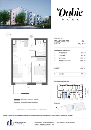 2 pokoje, apartament 39,87 m², piętro 1, oferta nr 1.01, Dąbie Park etap III, Szczecin, Prawobrzeże, Dąbie, ul. Komfortowa 10