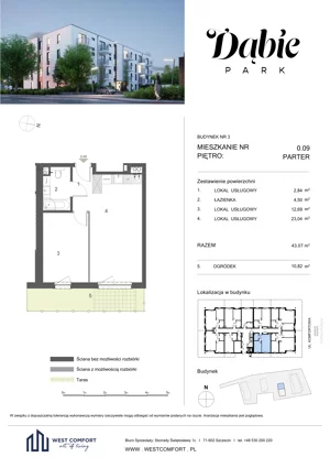 2 pokoje, apartament 43,07 m², parter, oferta nr 0.09, Dąbie Park etap II, Szczecin, Prawobrzeże, Dąbie, ul. Komfortowa 10