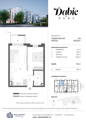 2 pokoje, apartament 42,51 m², piętro 1, oferta nr 1.04, Dąbie Park etap II, Szczecin, Prawobrzeże, Dąbie, ul. Komfortowa 10