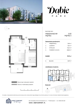 2 pokoje, apartament 49,30 m², piętro 2, oferta nr 2.02, Dąbie Park etap II, Szczecin, Prawobrzeże, Dąbie, ul. Komfortowa 10