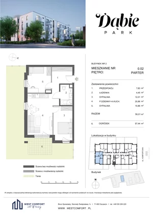 3 pokoje, apartament 56,01 m², piętro 1, oferta nr 1.07, Dąbie Park etap III, Szczecin, Prawobrzeże, Dąbie, ul. Komfortowa 10