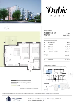 3 pokoje, apartament 59,59 m², piętro 1, oferta nr 1.06, Dąbie Park etap III, Szczecin, Prawobrzeże, Dąbie, ul. Komfortowa 10