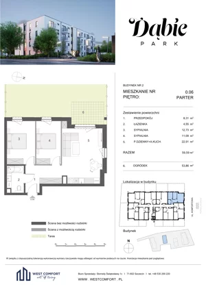 3 pokoje, apartament 59,59 m², parter, oferta nr 0.06, Dąbie Park etap III, Szczecin, Prawobrzeże, Dąbie, ul. Komfortowa 10