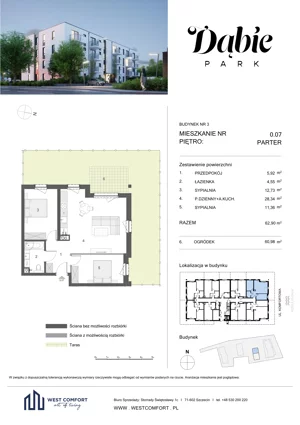 3 pokoje, apartament 63,53 m², piętro 1, oferta nr 1.08, Dąbie Park etap II, Szczecin, Prawobrzeże, Dąbie, ul. Komfortowa 10