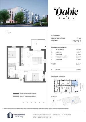3 pokoje, apartament 62,90 m², piętro 2, oferta nr 2.07, Dąbie Park etap II, Szczecin, Prawobrzeże, Dąbie, ul. Komfortowa 10
