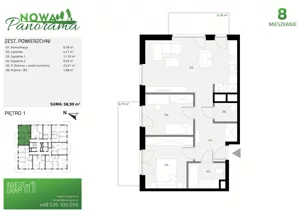 3 pokoje, mieszkanie 58,99 m², piętro 1, oferta nr 8, Nowa Panorama bud.1, Sosnowiec, Zagórze, Środula, ul. Sokolska 100