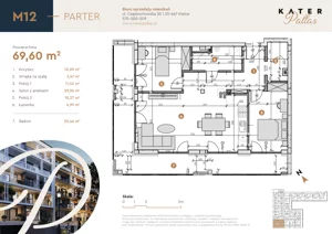 3 pokoje, mieszkanie 69,60 m², parter, oferta nr 12, KATER Pallas, Kielce, Centrum, ul. Śniadeckich 33