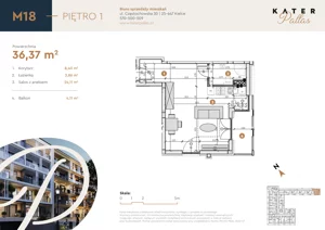 1 pokój, mieszkanie 36,37 m², piętro 1, oferta nr 18, KATER Pallas, Kielce, Centrum, ul. Śniadeckich 33