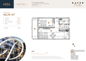 2 pokoje, mieszkanie 46,16 m², piętro 1, oferta nr 24, KATER Pallas, Kielce, Centrum, ul. Śniadeckich 33