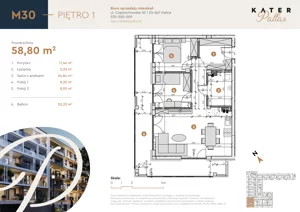 3 pokoje, mieszkanie 58,80 m², piętro 1, oferta nr 30, KATER Pallas, Kielce, Centrum, ul. Śniadeckich 33