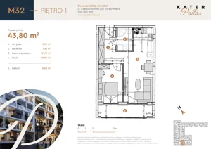 2 pokoje, mieszkanie 43,80 m², piętro 1, oferta nr 32, KATER Pallas, Kielce, Centrum, ul. Śniadeckich 33