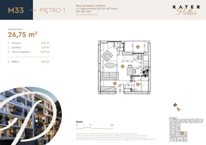 1 pokój, mieszkanie 26,75 m², piętro 1, oferta nr 33, KATER Pallas, Kielce, Centrum, ul. Śniadeckich 33