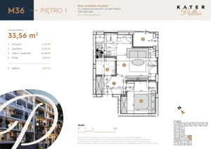 2 pokoje, mieszkanie 33,56 m², piętro 1, oferta nr 36, KATER Pallas, Kielce, Centrum, ul. Śniadeckich 33