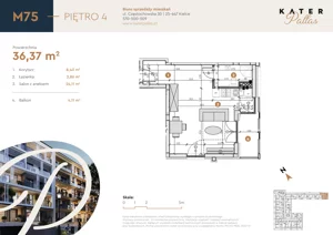 1 pokój, mieszkanie 36,37 m², piętro 4, oferta nr 75, KATER Pallas, Kielce, Centrum, ul. Śniadeckich 33