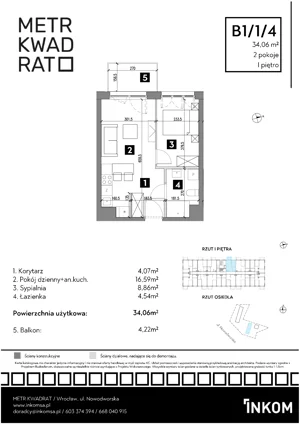 2 pokoje, mieszkanie 34,06 m², piętro 1, oferta nr B1/1/4, Metr Kwadrat II, Wrocław, Nowy Dwór, ul. Nowodworska 17B
