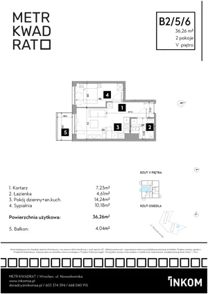2 pokoje, mieszkanie 36,26 m², piętro 5, oferta nr B2/5/6, Metr Kwadrat II, Wrocław, Nowy Dwór, ul. Nowodworska 17B