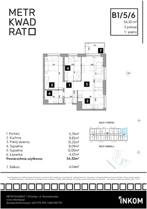 3 pokoje, mieszkanie 53,47 m², piętro 5, oferta nr B1/5/6, Metr Kwadrat II, Wrocław, Nowy Dwór, ul. Nowodworska 17B