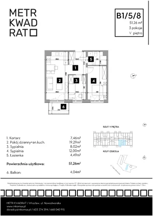 3 pokoje, mieszkanie 51,30 m², piętro 5, oferta nr B1/5/8, Metr Kwadrat II, Wrocław, Nowy Dwór, ul. Nowodworska 17B