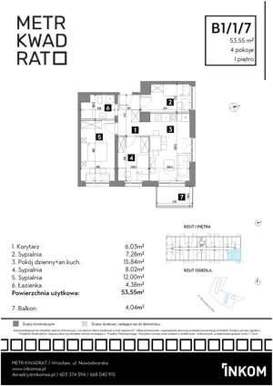 4 pokoje, mieszkanie 53,22 m², piętro 1, oferta nr B1/1/7, Metr Kwadrat II, Wrocław, Nowy Dwór, ul. Nowodworska 17B