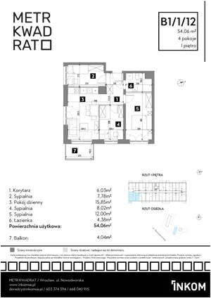 4 pokoje, mieszkanie 53,80 m², piętro 1, oferta nr B1/1/12, Metr Kwadrat II, Wrocław, Nowy Dwór, ul. Nowodworska 17B
