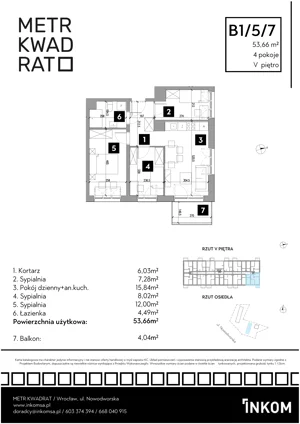 4 pokoje, mieszkanie 53,33 m², piętro 5, oferta nr B1/5/7, Metr Kwadrat II, Wrocław, Nowy Dwór, ul. Nowodworska 17B