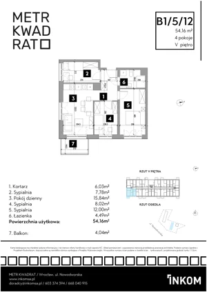 4 pokoje, mieszkanie 53,91 m², piętro 5, oferta nr B1/5/12, Metr Kwadrat II, Wrocław, Nowy Dwór, ul. Nowodworska 17B