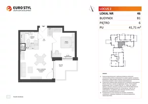 2 pokoje, mieszkanie 41,71 m², piętro 6, oferta nr B1/46, Locus 2 - etap I, Rumia, Janowo, ul. Dąbrowskiego