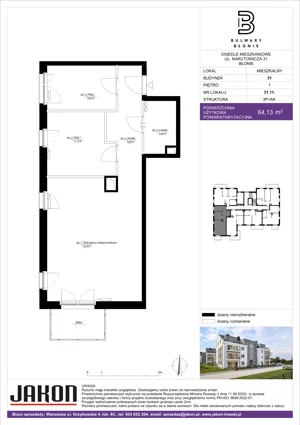 3 pokoje, mieszkanie 64,13 m², piętro 1, oferta nr 31.11, Bulwary Błonie, Błonie, ul. Narutowicza 46