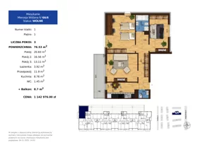 3 pokoje, mieszkanie 76,53 m², piętro 1, oferta nr 6A.6, Mierzeja Wiślana IV, Kraków, Podgórze, Płaszów, ul. Mierzeja Wiślana 6/6A