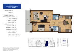 4 pokoje, mieszkanie 84,08 m², piętro 7, oferta nr 6A.70, Mierzeja Wiślana IV, Kraków, Podgórze, Płaszów, ul. Mierzeja Wiślana 6/6A