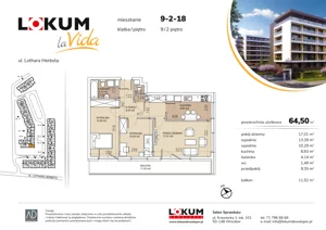 3 pokoje, mieszkanie 64,41 m², piętro 2, oferta nr 9-2-18, Lokum la Vida Etap II, Wrocław, Sołtysowice, ul. Lothara Herbsta
