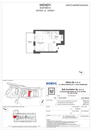 1 pokój, mieszkanie 25,23 m², piętro 3, oferta nr B.3M02, WENDY - Budynek B, Gdynia, Śródmieście, Śródmieście, ul. Wendy