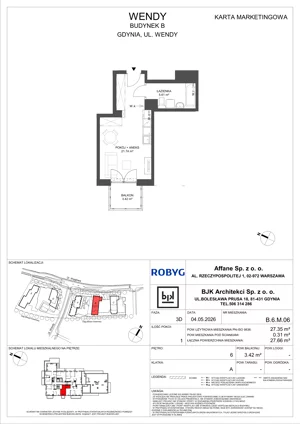 1 pokój, mieszkanie 27,47 m², piętro 6, oferta nr B.6M06, WENDY - Budynek B, Gdynia, Śródmieście, Śródmieście, ul. Wendy