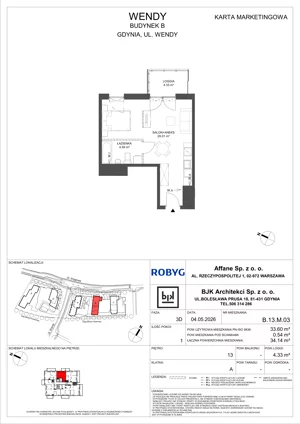 1 pokój, mieszkanie 33,60 m², piętro 13, oferta nr B.13M03, WENDY - Budynek B, Gdynia, Śródmieście, Śródmieście, ul. Wendy