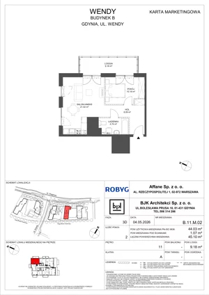 2 pokoje, mieszkanie 44,03 m², piętro 11, oferta nr B.11M02, WENDY - Budynek B, Gdynia, Śródmieście, Śródmieście, ul. Wendy