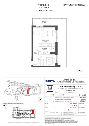 2 pokoje, mieszkanie 46,98 m², piętro 1, oferta nr B.1M09, WENDY - Budynek B, Gdynia, Śródmieście, Śródmieście, ul. Wendy