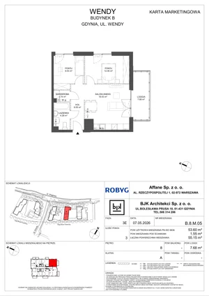 3 pokoje, mieszkanie 53,58 m², piętro 8, oferta nr B.8M05, WENDY - Budynek B, Gdynia, Śródmieście, Śródmieście, ul. Wendy